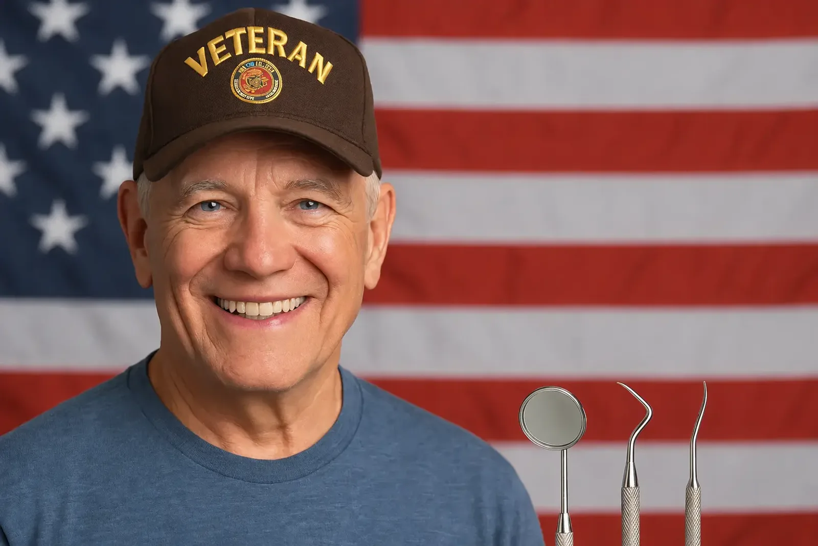 Smiling U.S. military veteran wearing a VETERAN cap in front of an American flag with dental instruments — Viera Dental Design Studio, a proud VA Community Care provider